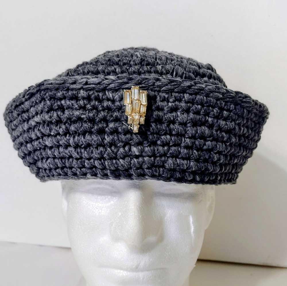 Handmade Sailor Style Grey Crocheted Non-wool Hat & Brooch NEW
